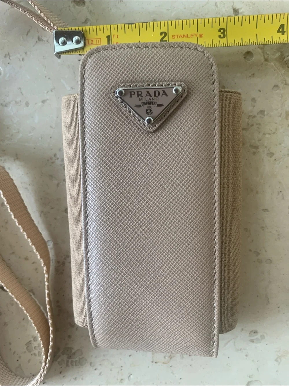 Prada Taupe Saffiano Phone Pouch with Strap Authentic